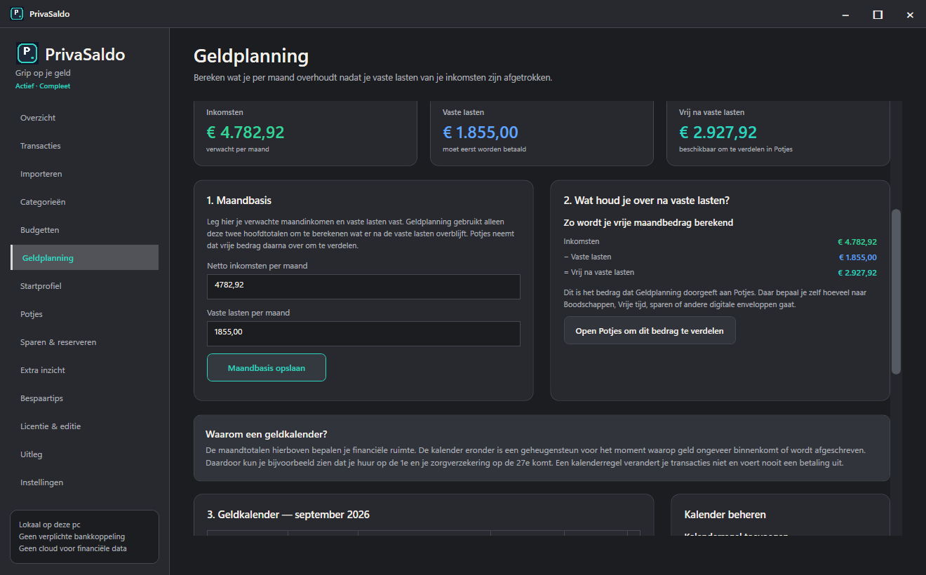 Het echte Geldplanning-scherm van PrivaSaldo met inkomsten, vaste lasten en vrije ruimte