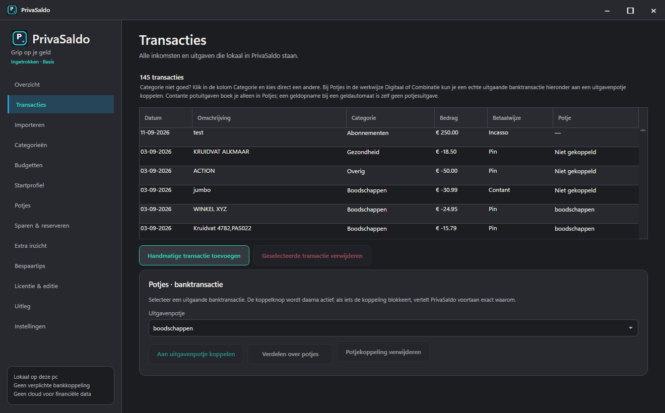 Het echte Transacties-scherm van PrivaSaldo met fictieve testtransacties